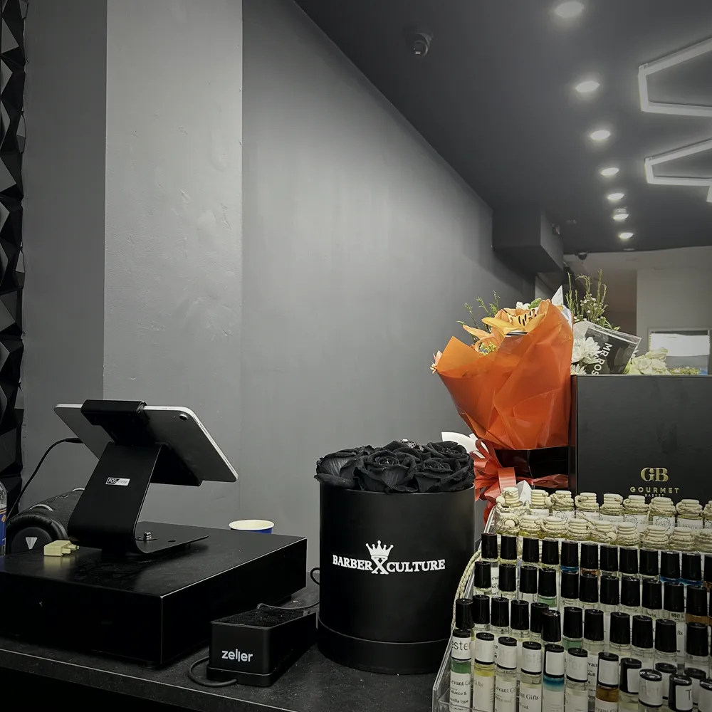Reception counter with premium grooming products